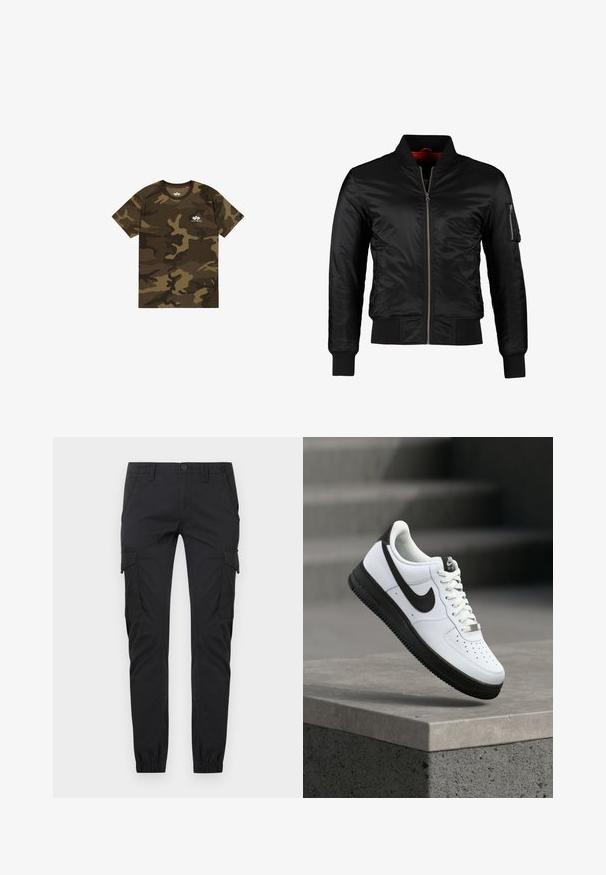 Veste bomber noire en nylon brillant avec une fermeture éclair à l'avant, des poignets côtelés et une poche zippée sur la manche gauche. L'intérieur est de couleur rouge vif.; T-shirt camouflage en vert olive, marron et noir, à manches courtes, col rond, avec un petit logo blanc sur la poitrine. Matière en coton doux.; Pantalon cargo noir à coupe slim avec poches avant, poches à rabat latérales, passants de ceinture, fermeture par boutons et poignets élastiqués aux chevilles.; Baskets en cuir blanc avec accents noirs, bout arrondi et détails perforés. Semelle en caoutchouc noire avec motif texturé et fermeture à lacets.