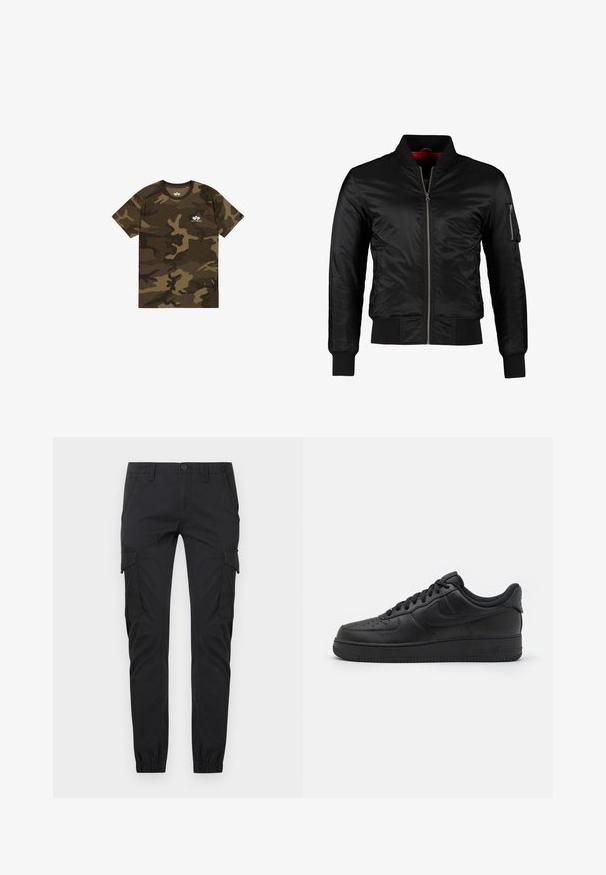 Chaqueta bomber negra hecha de nylon brillante con cierre frontal, puños acanalados y un bolsillo con cremallera en la manga izquierda. El interior es de un rojo brillante.; Camiseta de camuflaje en verde oliva, marrón y negro, de manga corta, con cuello redondo, presenta un pequeño logo blanco en el pecho. Material de algodón suave.; Pantalones cargo negros de corte slim con bolsillos frontales, bolsillos con solapa lateral, presillas para cinturón, cierre de botón y puños elásticos en los tobillos.; Nike Sportswear AIR FORCE 1 07 FLYEASE - Zapatillas - black