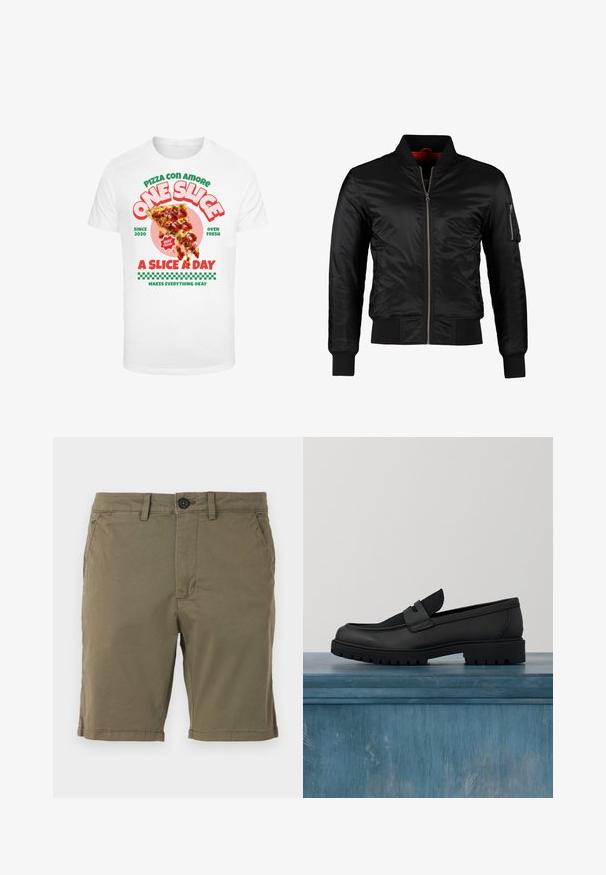 Sort bomberjakke lavet af skinnende nylon med frontlynlås, ribbede manchetter og en lynlåslomme på venstre ærme. Indersiden er lys rød.; Hvid t-shirt med grafisk print af en pizzaslice med pepperoni, ledsaget af farverig tekst og et ternet mønster nederst.; Olivenfarvede shorts lavet af en bomuldsblanding, med knaplukning, forlommer og en afsluttet bund med subtile sømdetaljer.; Sort lædersko uden snørebånd med en tekstureret stofdetalje, en robust gummisål og en glat finish. Har diskrete syningsdetaljer.