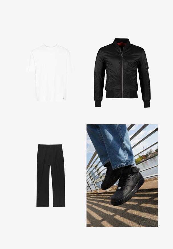 Schwarze Bomberjacke aus glänzendem Nylon mit einem Frontreißverschluss, gerippten Bündchen und einer Reißverschlusstasche am linken Ärmel. Das Innenfutter ist leuchtend rot.; Weißes Kurzarm-T-Shirt aus weichem Baumwollmix. Mit Rundhalsausschnitt und dezentem Logo am unteren Saum. Schlichte Passform und lockerer Schnitt.; Schwarze Hose mit geradem Schnitt, aus einem glatten Stoff gefertigt. Verfügt über Vorderfalten und einen einzelnen Knopfverschluss an der Taille.; Schwarze Nike Air Force 1 Sneakers mit Obermaterial aus Leder, Mesh-Zunge und Gummisohle, die ein hoch geschnittenes Design und dicke Schnürsenkel aufweisen.