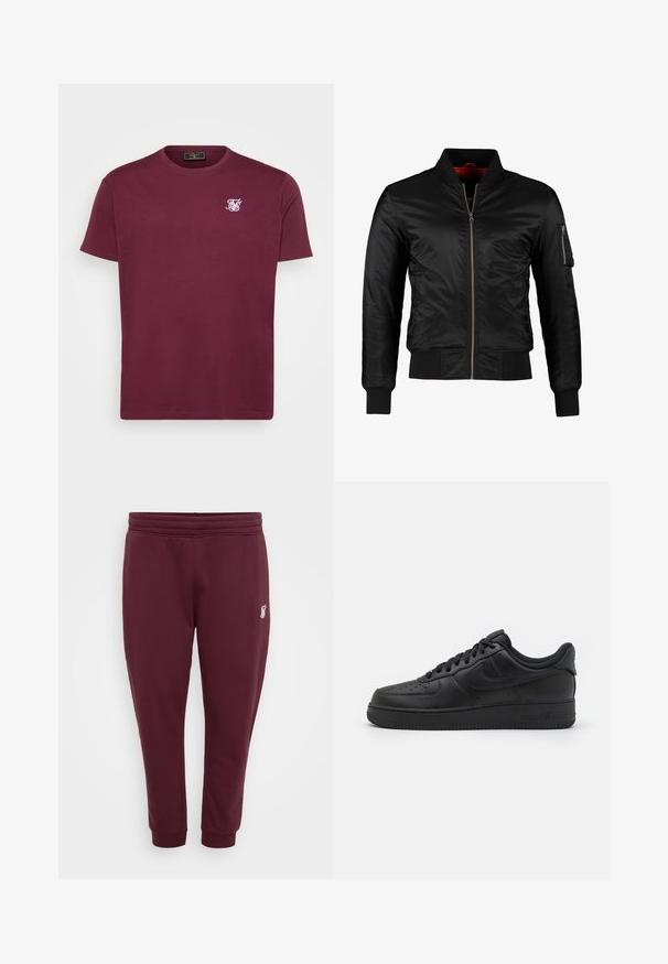 Sort bomberjakke lavet af skinnende nylon med frontlynlås, ribbede manchetter og en lynlåslomme på venstre ærme. Indersiden er lys rød.; Bordeaux bomulds T-shirt med rund hals, korte ærmer og et lille hvidt logo på venstre bryst. Glat tekstur og klassisk pasform.; Burgundy sweatpants lavet af blødt stof, med elastisk talje, elastiske ankler og et lille broderet logo på venstre lår.; Nike Sportswear AIR FORCE 1 07 FLYEASE - Sneakers - black