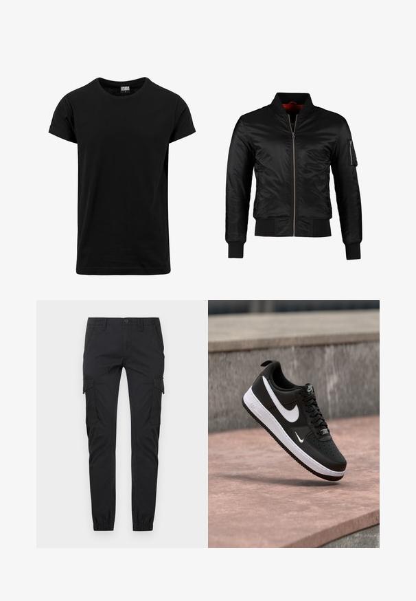 Schwarze Bomberjacke aus glänzendem Nylon mit einem Frontreißverschluss, gerippten Bündchen und einer Reißverschlusstasche am linken Ärmel. Das Innenfutter ist leuchtend rot.; Schwarzes T-Shirt aus Baumwolle, mit klassischem Rundhalsausschnitt, kurzen, umgeschlagenen Ärmeln und geradem Saum. Einfaches, einfarbiges Design ohne Muster.; Schwarze Slim-Fit-Cargohosen mit Vordertaschen, seitlichen Klappentaschen, Gürtelschlaufen, Knopfverschluss und elastischen Bündchen an den Knöcheln.; Schwarz-weißer Nike Air Force 1 Sneaker, der über einer rosa Betonfläche mit grauem Stein-Hintergrund schwebt.