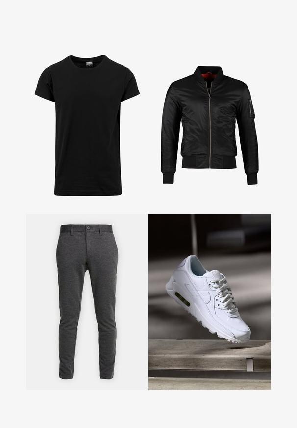 Must värviline bomber-jakk, mis on valmistatud läikivast nailonist, esiküljel lukk, ribatud mansetid ja vasakul varrukal tõmblukuga tasku. Siseosa on erkspunane.; Must must shirt, mis on valmistatud puuvillast, klassikalise ümara kaelusega, lühikeste rullitud varrukatega ja sirge äärega. Lihtne, ühes toonis disain, ilma mustriteta.; Tumedhallid, kitsenevad püksid pehme tekstuuriga. Neil on nööpkinnitused ja vööaasad, kitsenevad sääred ning küljetaskud.; Valge nahast tennisete õhustuskujuga pinnad, pehmendustega krae ja nähtav õhuklapp tallas. Omab paelu ja minimaliseeritud disaini.