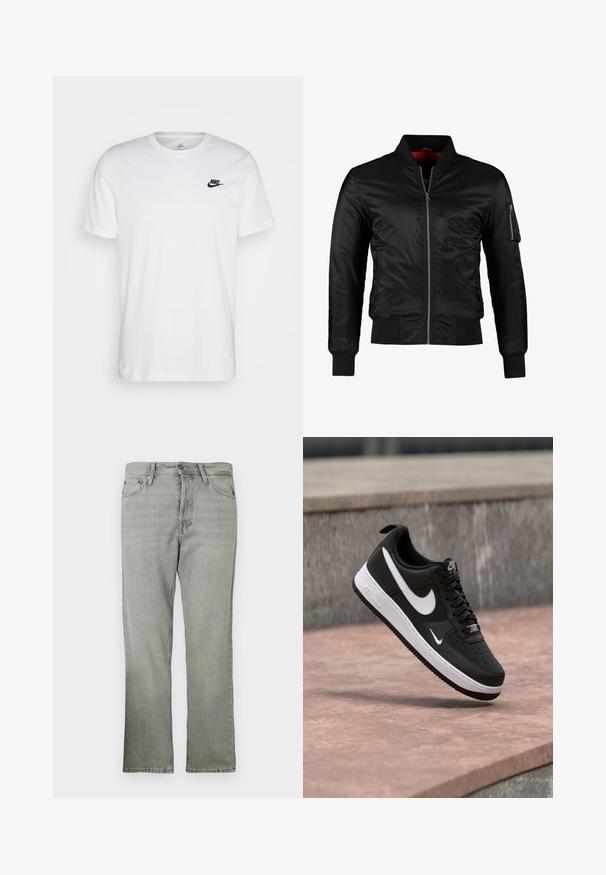 Veste bomber noire en nylon brillant avec une fermeture éclair à l'avant, des poignets côtelés et une poche zippée sur la manche gauche. L'intérieur est de couleur rouge vif.; T-shirt en coton blanc avec col rond, manches courtes et logo Nike noir sur la poitrine gauche. Design simple, couleur unie.; Jean en denim gris clair avec une coupe droite, présentant un style à cinq poches, une fermeture éclair devant et une texture légèrement décolorée.; Baskets Nike Air Force 1 noir et blanc suspendues au-dessus d'une surface en béton rose avec un fond en pierre grise.