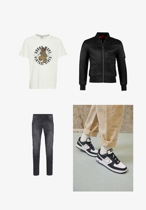 Zwarte bomberjack gemaakt van glanzend nylon met een ritssluiting aan de voorkant, ribgebreide manchetten en een ritszak op de linkermouw. De binnenkant is felrood.; Witte katoen T-shirt met een grafiek van een beer in een zonnebril en een hoed, met de tekst "SOUND WAVE VINTAGE VIBES" in vette letters.; Donkergrijze denim jeans met een slim fit, voorzien van vijf zakken, een sluiting met een voren knoop en subtiele wassingdetails.; Zwart-witte Nike Air Force 1 sneakers met een leren bovenwerk, geperforeerde neus en gestructureerde zooldetails, gedragen met opgerolde beige broek en witte sokken.