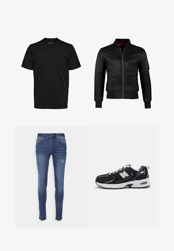 Schwarze Bomberjacke aus glänzendem Nylon mit einem Frontreißverschluss, gerippten Bündchen und einer Reißverschlusstasche am linken Ärmel. Das Innenfutter ist leuchtend rot.; Schwarzes, schlichtes T-Shirt mit kurzen Ärmeln, Rundhalsausschnitt und regulärer Passform ohne sichtbare Muster oder Logos.; Only & Sons ONSWARP LIFE - Jeans Skinny Fit - dark blue denim; Schwarze und graue Sportschuhe mit Obermaterial aus Mesh und Wildleder, ausgestattet mit einer weißen Zwischensohle, Schnürsenkeln und einem markanten "N"-Logo an der Seite.