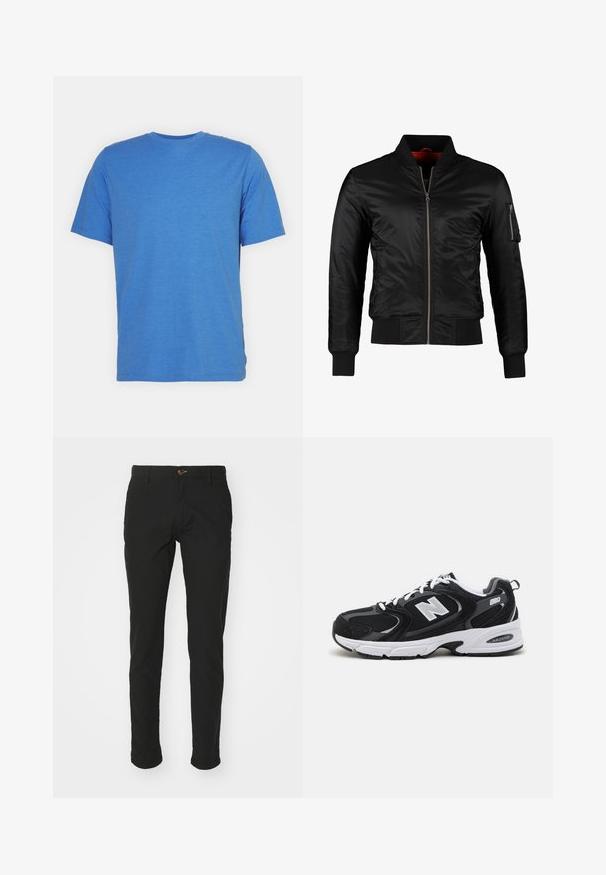Schwarze Bomberjacke aus glänzendem Nylon mit einem Frontreißverschluss, gerippten Bündchen und einer Reißverschlusstasche am linken Ärmel. Das Innenfutter ist leuchtend rot.; Kurzarm-T-Shirt mit Rundhalsausschnitt in einfarbigem Blau. Hergestellt aus weichem, atmungsaktivem Stoff mit glatter Oberfläche und ohne Muster oder Akzente.; Schwarze Chinos aus einer Baumwollmischung, Slim-Fit-Design, mit braunem Knopfverschluss, zwei seitlichen Taschen und umgeschlagenen Säumen.; Schwarze und graue Sportschuhe mit Obermaterial aus Mesh und Wildleder, ausgestattet mit einer weißen Zwischensohle, Schnürsenkeln und einem markanten "N"-Logo an der Seite.