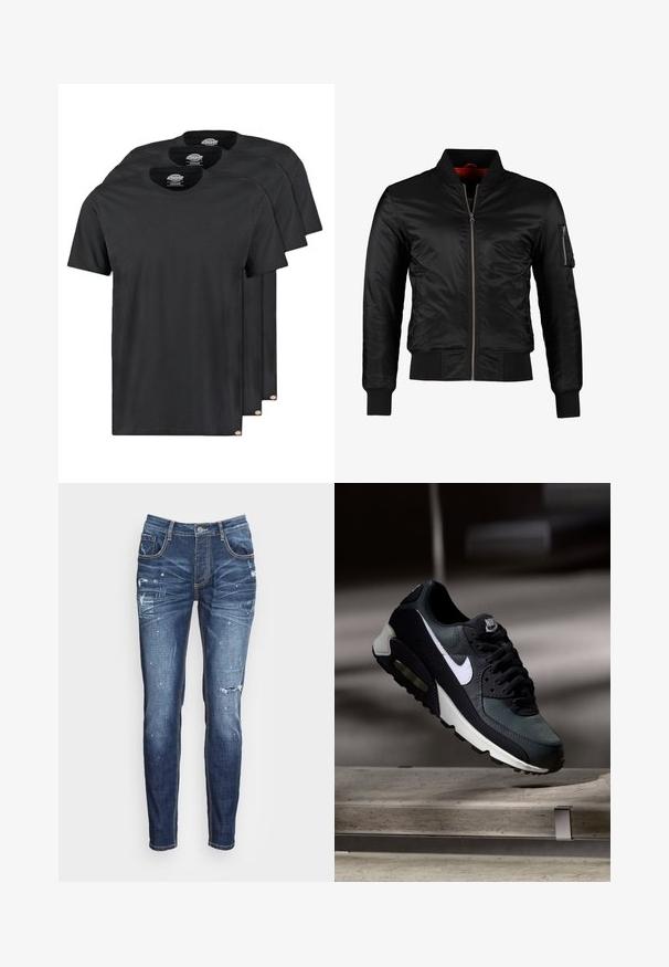 Schwarze Bomberjacke aus glänzendem Nylon mit einem Frontreißverschluss, gerippten Bündchen und einer Reißverschlusstasche am linken Ärmel. Das Innenfutter ist leuchtend rot.; Schwarze Baumwoll-T-Shirts im Dreierpack. Rundhalsausschnitt, kurze Ärmel und eine glatte Textur. Logo-Tag am Saum.; Alessandro Zavetti SEBASTIANO - Jeans Slim Fit - indigo; Schwarzer und grauer Nike Air Max Sneaker mit weißem Swoosh, schwebend über einer Betonfläche vor einem verschwommenen dunklen Hintergrund.