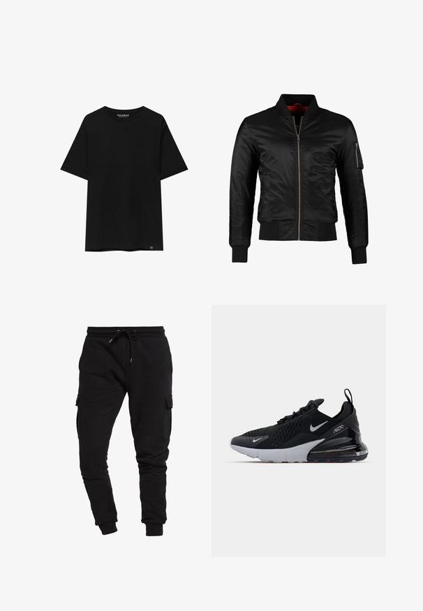Veste bomber noire en nylon brillant avec une fermeture éclair à l'avant, des poignets côtelés et une poche zippée sur la manche gauche. L'intérieur est de couleur rouge vif.; T-shirt noir à manches courtes en coton, avec un col ras du cou et une petite étiquette de marque en bas à gauche.; Jogging en coton noir avec une coupe fuselée, taille élastique avec cordon de serrage et poches cargo sur les côtés. Texture lisse et poignets élastiques aux chevilles.; Chaussure de sport noire avec tige en mesh, semelle intermédiaire blanche et amorti visible dans le talon. Design élégant avec de subtils accents argentés.