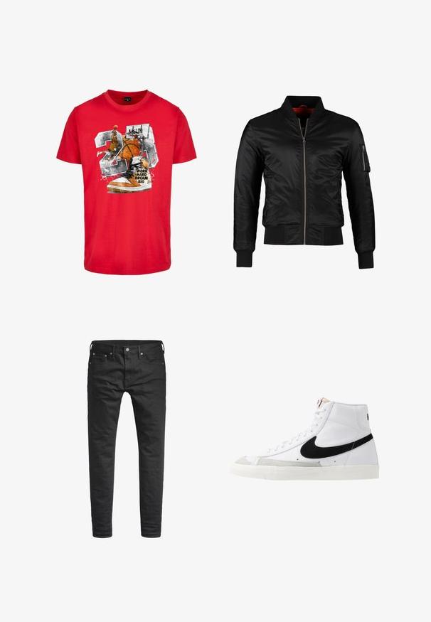 Chaqueta bomber negra hecha de nylon brillante con cierre frontal, puños acanalados y un bolsillo con cremallera en la manga izquierda. El interior es de un rojo brillante.; Camiseta de algodón roja con un gráfico que presenta un balón de baloncesto, una zapatilla y el texto "TRABAJA DURO SUEÑA EN GRANDE". El diseño incluye acentos en negro y naranja.; Jeans negros ajustados con bolsillos frontales, cinturas y cierre de botón, exhibidos sobre un fondo blanco.; Zapatillas altas blancas con un swoosh negro, una puntera texturizada en gris y suela plana blanca. Presenta seis ojales y acentos cosidos.