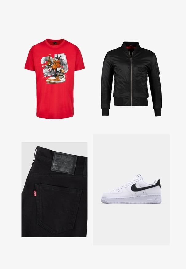 Chaqueta bomber negra hecha de nylon brillante con cierre frontal, puños acanalados y un bolsillo con cremallera en la manga izquierda. El interior es de un rojo brillante.; Camiseta de algodón roja con un gráfico que presenta un balón de baloncesto, una zapatilla y el texto "TRABAJA DURO SUEÑA EN GRANDE". El diseño incluye acentos en negro y naranja.; Vaqueros Levi's negros mostrando el bolsillo trasero derecho con la etiqueta roja de Levi's y el parche de cuero negro de la marca con la talla W32 L.; Zapatilla blanca de cuero con un Swoosh negro texturizado, cordones planos y una suela de goma con un patrón estriado. "AIR" está grabado en el talón.