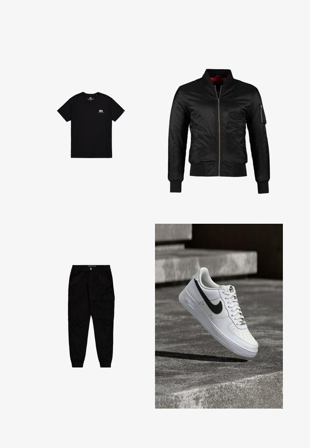 Veste bomber noire en nylon brillant avec une fermeture éclair à l'avant, des poignets côtelés et une poche zippée sur la manche gauche. L'intérieur est de couleur rouge vif.; T-shirt noir à manches courtes en coton. Présente un petit logo blanc sur la poitrine gauche et une étiquette sur la couture latérale. Design simple.; Pantalons cargo noirs en coton, dotés de deux poches avant et de deux poches cargo sur les côtés, avec des poignets et une taille élastiqués.; Baskets blanches Nike Air Force 1 avec le swoosh noir, lacets attachés, en suspension dans les airs au-dessus d'une surface en béton texturé en extérieur.