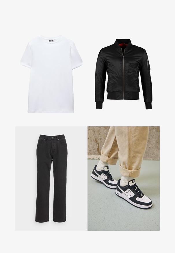 Veste bomber noire en nylon brillant avec une fermeture éclair à l'avant, des poignets côtelés et une poche zippée sur la manche gauche. L'intérieur est de couleur rouge vif.; T-shirt blanc uni à manches courtes, col rond, avec une étiquette noire Pull&Bear à l'intérieur du col, présenté sur fond blanc.; Jean en denim noir avec une coupe droite, dotés d'une fermeture à bouton à l'avant, de passants de ceinture et de deux poches latérales. Tissu texturé.; Baskets Nike Air Force 1 en noir et blanc avec un dessus en cuir, orteil perforé et détail de semelle texturée, portées avec un pantalon beige retroussé et des chaussettes blanches.