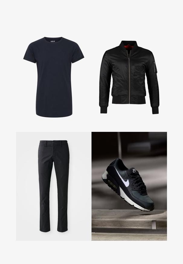 Veste bomber noire en nylon brillant avec une fermeture éclair à l'avant, des poignets côtelés et une poche zippée sur la manche gauche. L'intérieur est de couleur rouge vif.; T-shirt à col rond à manches courtes, de couleur bleu marine uni, avec une coupe slim et sans logos ni motifs visibles.; Pantalons droits noirs en tissu lisse avec une fermeture à un bouton et des passants de ceinture. Design minimaliste sans motifs visibles.; Baskets Nike Air Max noires et grises avec un logo blanc, suspendues au-dessus d'une surface en béton sur un fond sombre flou.