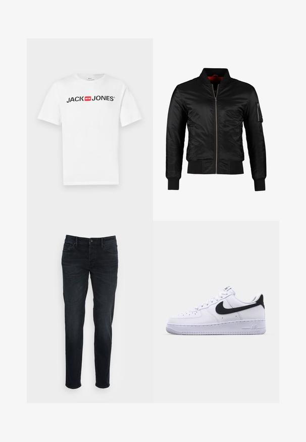Schwarze Bomberjacke aus glänzendem Nylon mit einem Frontreißverschluss, gerippten Bündchen und einer Reißverschlusstasche am linken Ärmel. Das Innenfutter ist leuchtend rot.; Weißes Baumwoll-T-Shirt mit einem großen schwarzen "JACK & JONES"-Logo und rotem Kastenakzent. Kurze Ärmel und klassischer Rundhalsausschnitt.; Dunkelblaue Slim-Fit-Jeans aus Denim mit vorderem Knopf und Fünf-Taschen-Design, auf einem schlichten weißen Hintergrund präsentiert.; Weißes Leder-Sneaker mit einem strukturierten schwarzen Swoosh, flachen Schnürsenkeln und einer Gummisohle mit genoppetem Muster. "AIR" ist auf der Ferse eingeprägt.