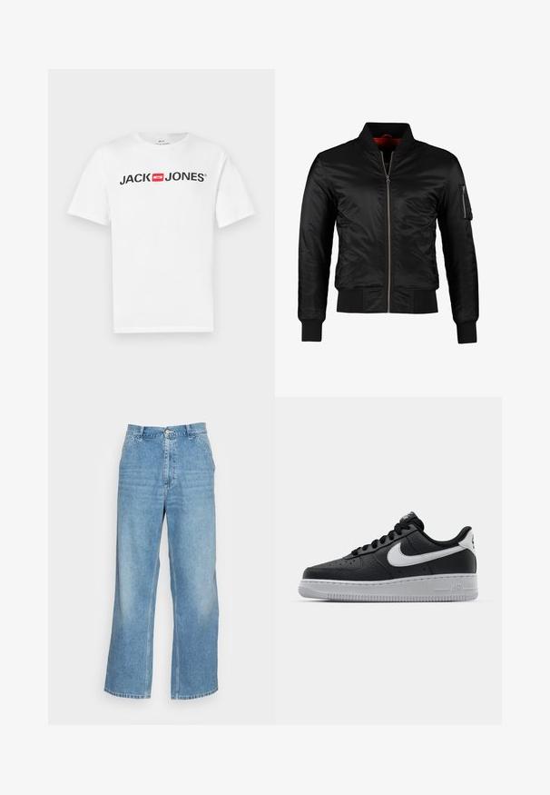 Sort bomberjakke lavet af skinnende nylon med frontlynlås, ribbede manchetter og en lynlåslomme på venstre ærme. Indersiden er lys rød.; Hvid bomulds-T-shirt med stort sort "JACK & JONES" logo med en rød boksdetalje. Korte ærmer og klassisk rund hals.; Lyseblå bred ben jeans lavet af denim. Har en høj talje, knaplukning og standard fem-lomme design. Glat tekstur.; Sort lædersneaker med tekstureret overflade, hvid Nike swoosh, grå sål, rund tå og snørebåndsdesign. Har perforeringer på tåboksen.