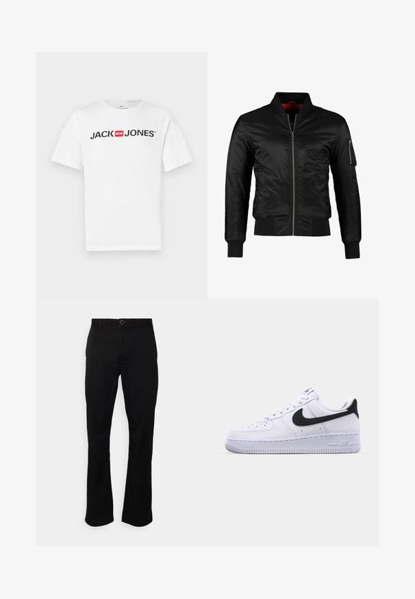 Schwarze Bomberjacke aus glänzendem Nylon mit einem Frontreißverschluss, gerippten Bündchen und einer Reißverschlusstasche am linken Ärmel. Das Innenfutter ist leuchtend rot.; Weißes Baumwoll-T-Shirt mit einem großen schwarzen "JACK & JONES"-Logo und rotem Kastenakzent. Kurze Ärmel und klassischer Rundhalsausschnitt.; Schwarze, gerade geschnittene Hose aus einem glatten Stoff. Mit Knopfverschluss, Gürtelschlaufen und Vordertaschen. Schlichtes Design ohne Muster.; Weißes Leder-Sneaker mit einem strukturierten schwarzen Swoosh, flachen Schnürsenkeln und einer Gummisohle mit genoppetem Muster. "AIR" ist auf der Ferse eingeprägt.