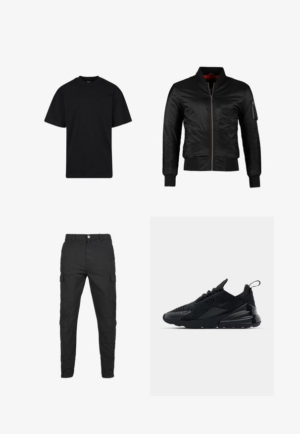 Chaqueta bomber negra hecha de nylon brillante con cierre frontal, puños acanalados y un bolsillo con cremallera en la manga izquierda. El interior es de un rojo brillante.; Camiseta negra de manga corta con cuello redondo, corte holgado, diseño liso y sin logotipos ni patrones visibles.; Pantalones cargo negros hechos de un tejido duradero. Presentan múltiples bolsillos laterales, un cierre de botón y un diseño de pierna ajustada. Parte delantera plana, sin patrones.; Zapatilla Nike Air Max 270 negra que presenta un Upper texturizado, paneles de malla y un talón brillante con uma unidad de amortiguación de aire prominente.