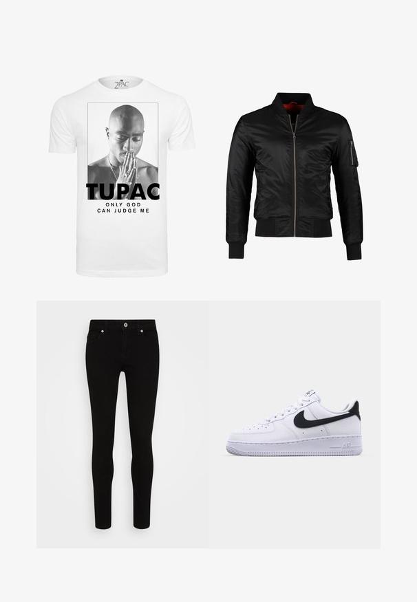 Veste bomber noire en nylon brillant avec une fermeture éclair à l'avant, des poignets côtelés et une poche zippée sur la manche gauche. L'intérieur est de couleur rouge vif.; T-shirt en coton blanc présentant un graphisme noir et blanc d'un homme joignant les mains en prière, avec le texte "TUPAC" et "SEUL DIEU PEUT ME JUGER."; Jean skinny noir avec une texture lisse, conception à cinq poches, fermeture à bouton sur le devant et silhouette épurée. Style minimaliste sans motifs visibles.; Sneaker en cuir blanc avec un Swoosh noir texturé, des lacets plats et une semelle en caoutchouc avec un motif strié. "AIR" est embossé sur le talon.
