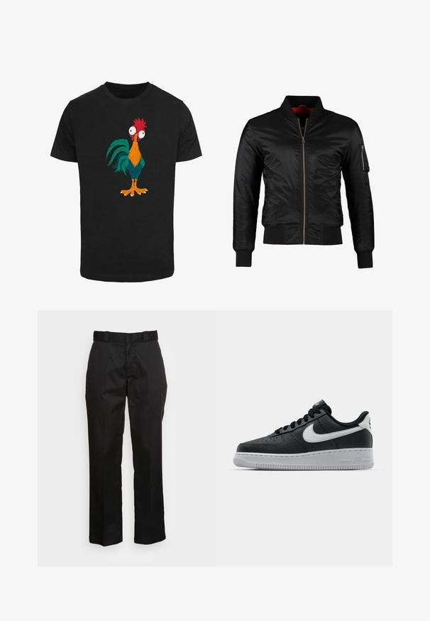 Schwarze Bomberjacke aus glänzendem Nylon mit einem Frontreißverschluss, gerippten Bündchen und einer Reißverschlusstasche am linken Ärmel. Das Innenfutter ist leuchtend rot.; Schwarzes T-Shirt mit einem bunten Cartoon-Hahn-Design, das übertriebene Merkmale und große Augen zeigt, mit orangefarbenen, grünen und roten Akzenten.; Schwarze Hose aus einem glatten Stoff, mit einem geraden Bein Design, Gürtelschlaufen und zwei Seiten Taschen. Klassischer Look ohne Verzierungen.; Schwarze Ledersneaker mit strukturierten Oberflächen, weißem Nike-Swoosh, grauer Sohle, runder Zehenpartie und Schnürdesign. Verfügt über Perforationen an der Zehenbox.