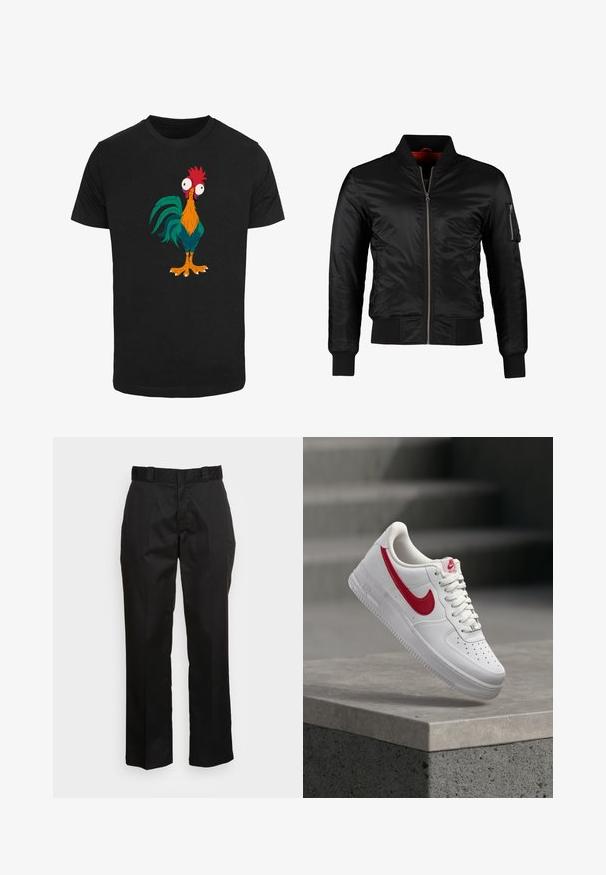 Schwarze Bomberjacke aus glänzendem Nylon mit einem Frontreißverschluss, gerippten Bündchen und einer Reißverschlusstasche am linken Ärmel. Das Innenfutter ist leuchtend rot.; Schwarzes T-Shirt mit einem bunten Cartoon-Hahn-Design, das übertriebene Merkmale und große Augen zeigt, mit orangefarbenen, grünen und roten Akzenten.; Schwarze Hose aus einem glatten Stoff, mit einem geraden Bein Design, Gürtelschlaufen und zwei Seiten Taschen. Klassischer Look ohne Verzierungen.; Weißer Nike Air Force 1 Sneaker mit rotem Swoosh-Logo, der über einer Betonbrüstung und Treppen im Hintergrund schwebt.