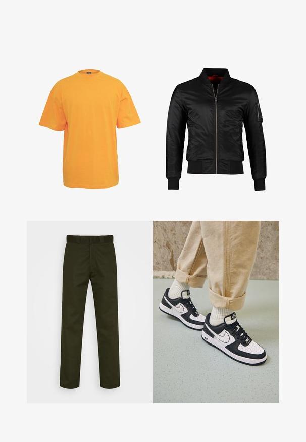 Sort bomberjakke lavet af skinnende nylon med frontlynlås, ribbede manchetter og en lynlåslomme på venstre ærme. Indersiden er lys rød.; Orange bomulds t-shirt med rund halsudskæring, korte ærmer og en afslappet pasform. Ingen mønstre eller detaljer. Glat tekstur.; Mørkegrønne bukser med lige ben, lavet af et glat stof. Har en flad front, bæltestropper og ingen synlige mønstre eller hardware.; Sorte og hvide Nike Air Force 1 sneakers med læderoverdel, perforeret tå og tekstureret såldetalje, båret med rullede beige bukser og hvide sokker.