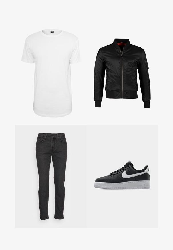 Veste bomber noire en nylon brillant avec une fermeture éclair à l'avant, des poignets côtelés et une poche zippée sur la manche gauche. L'intérieur est de couleur rouge vif.; T-shirt blanc à manches courtes en coton, avec un col rond classique, une coupe décontractée et sans motifs ni logos visibles.; Jean en denim noir avec une coupe ajustée, comportant cinq poches, des passants de ceinture et des détails de couture subtils. Texture usée sur le tissu.; Baskets en cuir noir avec surface texturée, swoosh Nike blanc, semelle grise, bout rond et design à lacets. Comprend des perforations sur la boîte à orteils.