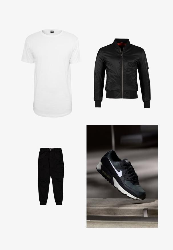 Veste bomber noire en nylon brillant avec une fermeture éclair à l'avant, des poignets côtelés et une poche zippée sur la manche gauche. L'intérieur est de couleur rouge vif.; T-shirt blanc à manches courtes en coton, avec un col rond classique, une coupe décontractée et sans motifs ni logos visibles.; Pantalons cargo noirs en coton, dotés de deux poches avant et de deux poches cargo sur les côtés, avec des poignets et une taille élastiqués.; Baskets Nike Air Max noires et grises avec un logo blanc, suspendues au-dessus d'une surface en béton sur un fond sombre flou.