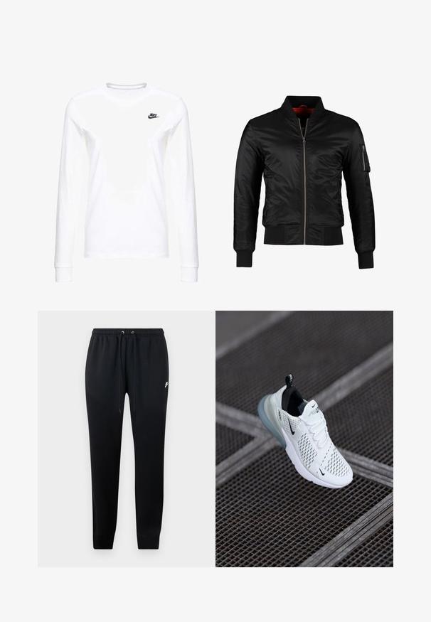 Sort bomberjakke lavet af skinnende nylon med frontlynlås, ribbede manchetter og en lynlåslomme på venstre ærme. Indersiden er lys rød.; Hvid langærmet T-shirt lavet af bomuld, med et lille sort Nike-logo på venstre bryst og en rund halsudskæring. Glat tekstur.; Sorte sweatshirtbukser lavet af blødt stof, med elastisk talje og snoretræk, ribbede ankler og en lille logo-detalje på siden.; Hvide atletiske sneakers med perforeret mesh-overdel, sorte accenter, synlige snørebånd og en gennemsigtig luftdæmpningssål.