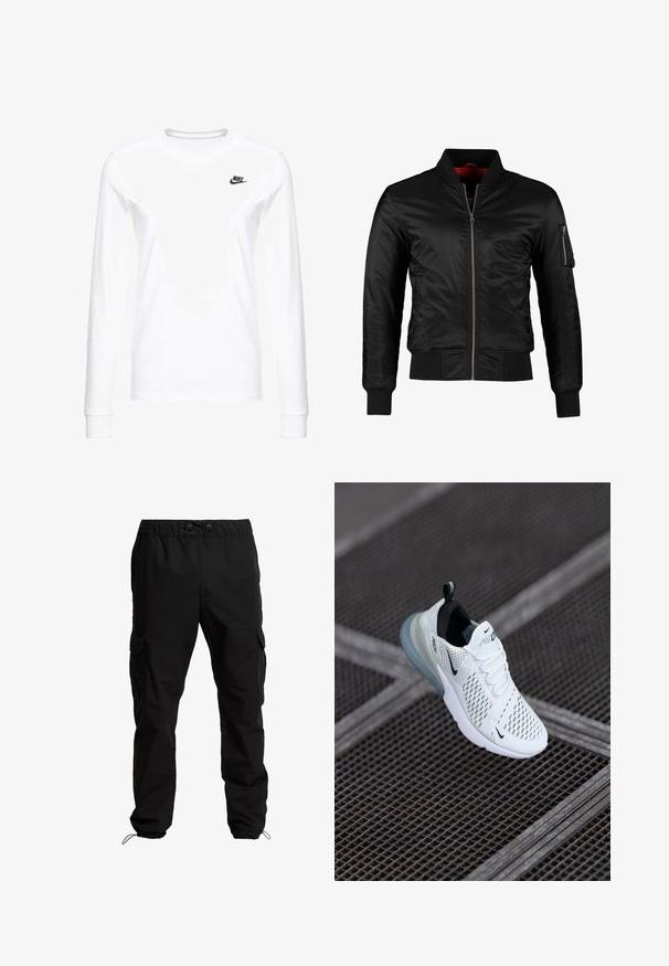 Schwarze Bomberjacke aus glänzendem Nylon mit einem Frontreißverschluss, gerippten Bündchen und einer Reißverschlusstasche am linken Ärmel. Das Innenfutter ist leuchtend rot.; Weißes Langarm-T-Shirt aus Baumwolle mit kleinem schwarzem Nike-Logo auf der linken Brust und rundem Halsausschnitt. Glatte Textur.; Schwarze Cargo-Hosen aus strapazierfähigem Stoff, mit elastischem Bund, verstellbaren Kordeln und Seitentaschen mit Klappen.; Weißer Sportschuh mit perforiertem Mesh-Obermaterial, schwarzen Akzenten, sichtbaren Schnürsenkeln und einer durchsichtigen Luftpolstersohle.