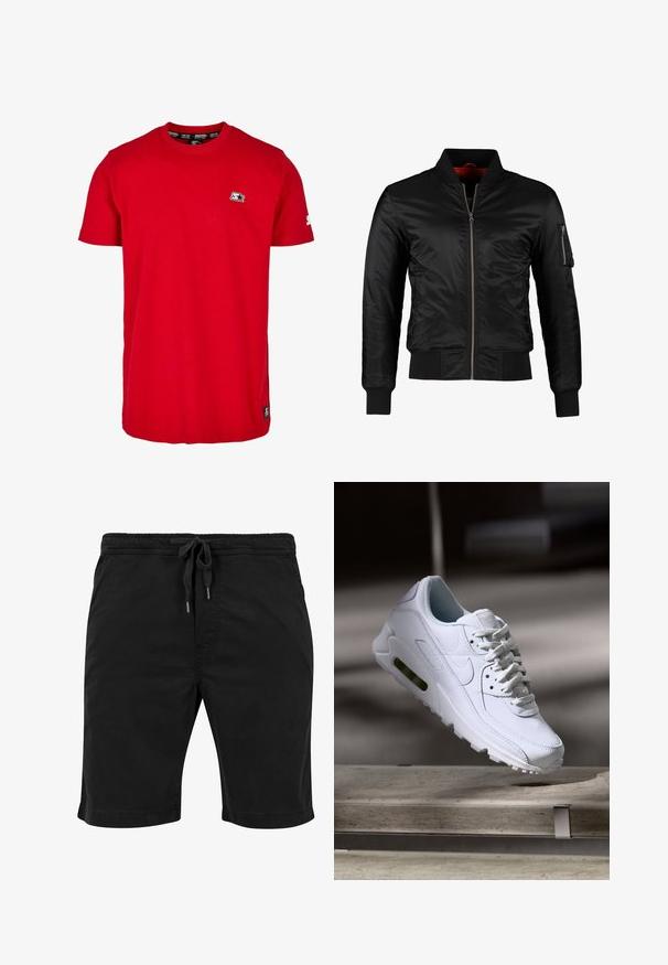 Schwarze Bomberjacke aus glänzendem Nylon mit einem Frontreißverschluss, gerippten Bündchen und einer Reißverschlusstasche am linken Ärmel. Das Innenfutter ist leuchtend rot.; Rotes Baumwoll-T-Shirt mit Rundhalsausschnitt, kurzen Ärmeln und einem kleinen schwarzen Logo auf der linken Brust und dem Ärmel. Glatte, einfarbige Stoffqualität.; Schwarze Shorts aus leichtem Material, mit einem elastischen Bund und Kordelzug, Seitentaschen und einem taillierten Saum.; Weiße Lederturnschuhe mit strukturierten Oberflächen, gepolstertem Kragen und sichtbarer Luftpolsterung in der Sohle. Verfügt über Schnürsenkel und ein minimalistisches Design.