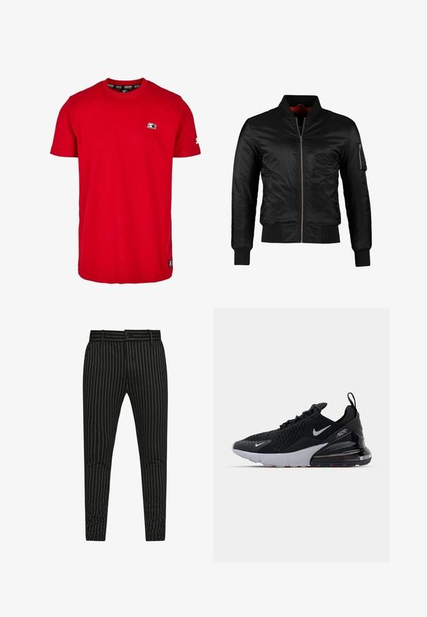 Schwarze Bomberjacke aus glänzendem Nylon mit einem Frontreißverschluss, gerippten Bündchen und einer Reißverschlusstasche am linken Ärmel. Das Innenfutter ist leuchtend rot.; Rotes Baumwoll-T-Shirt mit Rundhalsausschnitt, kurzen Ärmeln und einem kleinen schwarzen Logo auf der linken Brust und dem Ärmel. Glatte, einfarbige Stoffqualität.; Schwarz gestreifte Hose mit vertikalen weißen Streifen, schlanker Schnitt und Knopfverschluss mit Gürtelschlaufen für eine verstellbare Passform.; Schwarzer Sportschuh mit Mesh-Obermaterial, weißer Zwischensohle und sichtbarem Luftpolster im Fersenbereich. elegantes Design mit dezenten silbernen Akzenten.