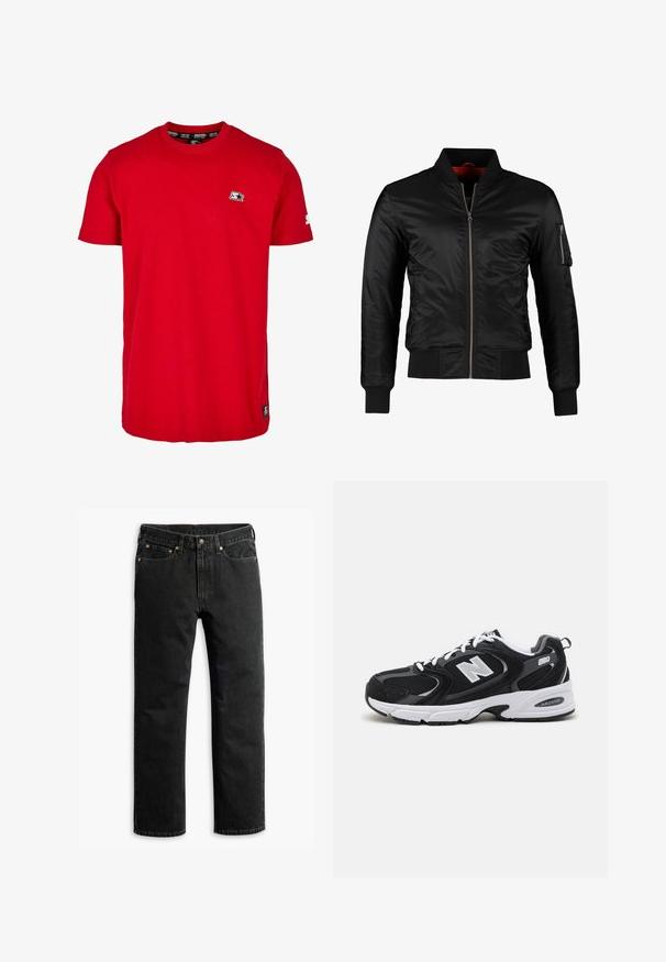 Sort bomberjakke lavet af skinnende nylon med frontlynlås, ribbede manchetter og en lynlåslomme på venstre ærme. Indersiden er lys rød.; Rød bomulds t-shirt med rund hals, korte ærmer og et lille sort logo på venstre bryst og ærme. Glat, ensfarvet stof.; Sorte lige ben denim jeans med fem lommer, bæltestropper og en knaplukning i taljen, lagt fladt på en hvid baggrund.; Sorte og grå sportssko med mesh og ruskind på overdelen, der har en hvid mellemsål, snørebånd og et iøjnefaldende "N" logo på siden.