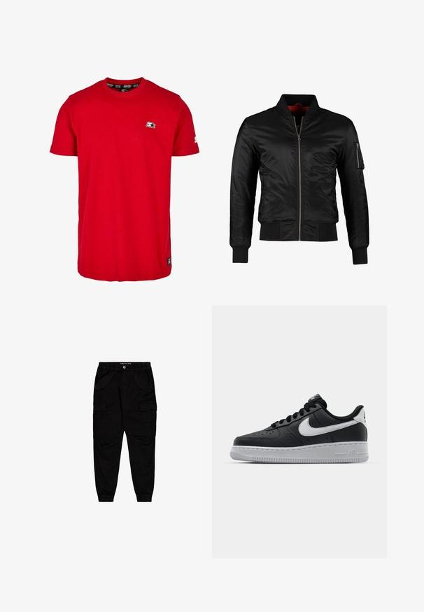 Sort bomberjakke lavet af skinnende nylon med frontlynlås, ribbede manchetter og en lynlåslomme på venstre ærme. Indersiden er lys rød.; Rød bomulds t-shirt med rund hals, korte ærmer og et lille sort logo på venstre bryst og ærme. Glat, ensfarvet stof.; Sorte cargobukser lavet af bomuld, med to forlommer og to side cargolommer, samt elastiske manchetter og talje.; Sort lædersneaker med tekstureret overflade, hvid Nike swoosh, grå sål, rund tå og snørebåndsdesign. Har perforeringer på tåboksen.