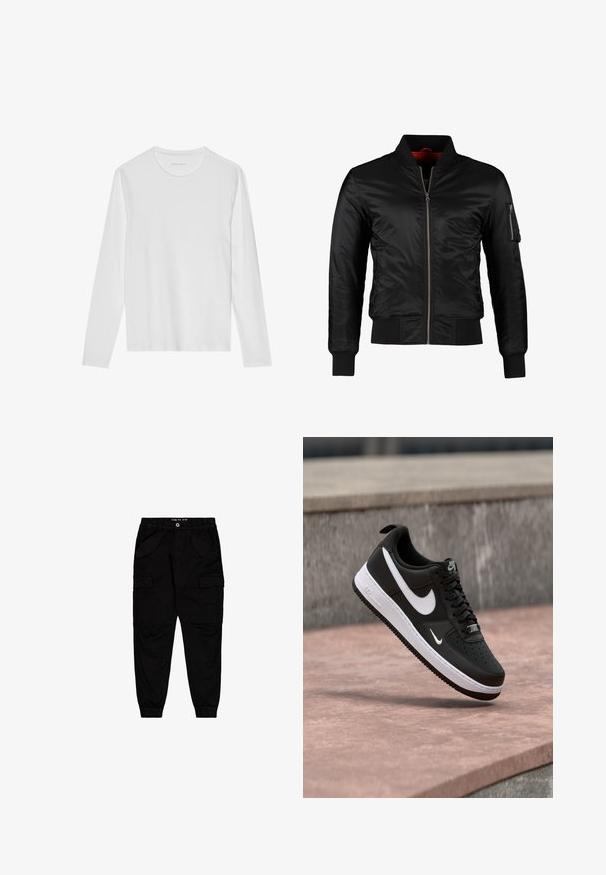 Chaqueta bomber negra hecha de nylon brillante con cierre frontal, puños acanalados y un bolsillo con cremallera en la manga izquierda. El interior es de un rojo brillante.; Camiseta blanca de manga larga hecha de algodón suave, con cuello redondo y una textura lisa sin patrones ni detalles visibles.; Pantalones cargo negros de algodón, con dos bolsillos frontales y dos bolsillos laterales, con puños y cintura elásticos.; Zapatilla Nike Air Force 1 en blanco y negro suspendida sobre una superficie de concreto rosa con un fondo de piedra gris.
