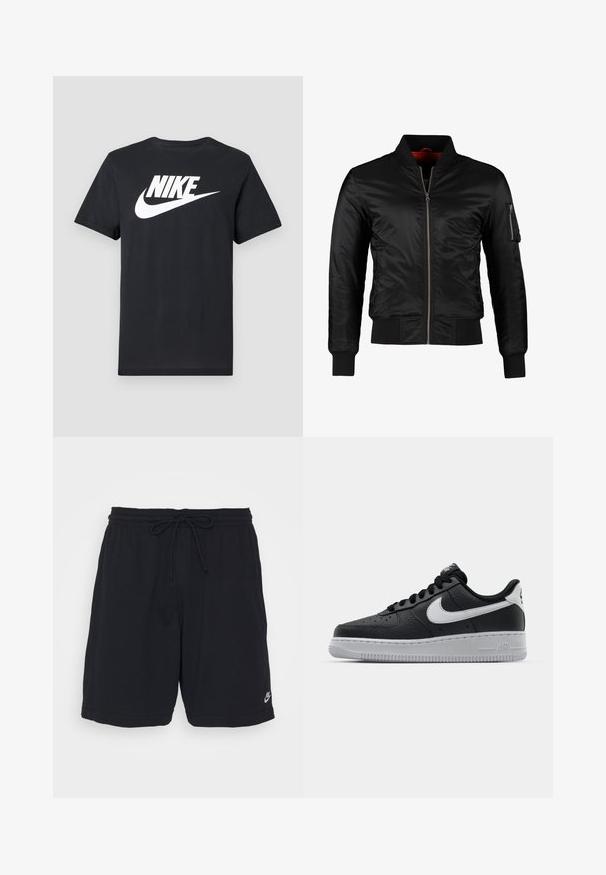 Zwarte bomberjack gemaakt van glanzend nylon met een ritssluiting aan de voorkant, ribgebreide manchetten en een ritszak op de linkermouw. De binnenkant is felrood.; Zwarte korte mouwen T-shirt met wit Nike-logo en swoosh in het midden van de borst, weergegeven op een lichtgrijze achtergrond.; Zwarte sportieve short gemaakt van zachte stof met een elastische tailleband, trekkoord en een klein gedrukt logo op het onderste deel van het linkerbeen.; Zwarte lederen sneaker met een textuur oppervlak, witte Nike swoosh, grijze zool, ronde neus en vetersluiting. Bevat perforaties op de neus.