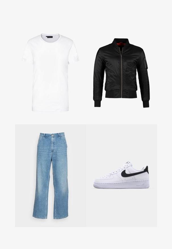Chaqueta bomber negra hecha de nylon brillante con cierre frontal, puños acanalados y un bolsillo con cremallera en la manga izquierda. El interior es de un rojo brillante.; Camiseta de algodón blanca, de manga corta, con cuello redondo, diseño liso, textura suave, corte recto, ajuste estándar, sin patrones ni acentos visibles.; Vaqueros de pierna ancha de color azul claro, confeccionados en denim. Presentan una cintura alta, cierre de botón y un diseño estándar de cinco bolsillos. Textura suave.; Zapatilla blanca de cuero con un Swoosh negro texturizado, cordones planos y una suela de goma con un patrón estriado. "AIR" está grabado en el talón.