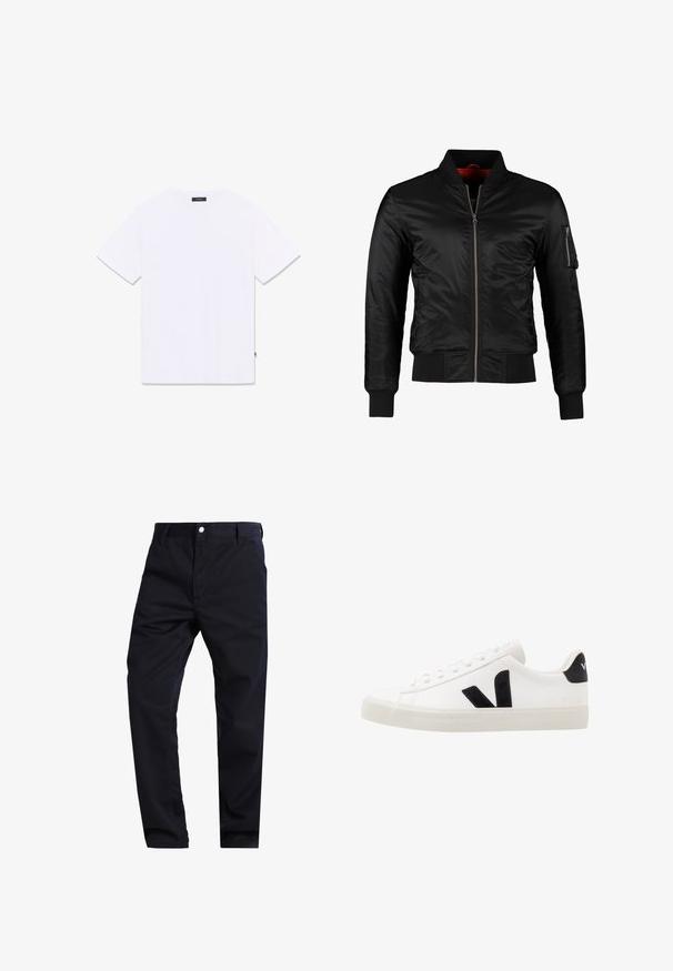 Chaqueta bomber negra hecha de nylon brillante con cierre frontal, puños acanalados y un bolsillo con cremallera en la manga izquierda. El interior es de un rojo brillante.; Camiseta blanca de manga corta con cuello redondo, mostrada plana desde atrás, con una pequeña etiqueta negra en el cuello y la costura lateral.; Pantalones de un azul marino oscuro, confeccionados en una mezcla de algodón, con un diseño de pierna recta, cierre con cremallera y un único bolsillo frontal con botón de metal.; Zapatilla de cuero blanca con acentos de ante negro; presenta una suela de goma, puntera redonda y un diseño clásico de cordones. Logo lateral en negro.
