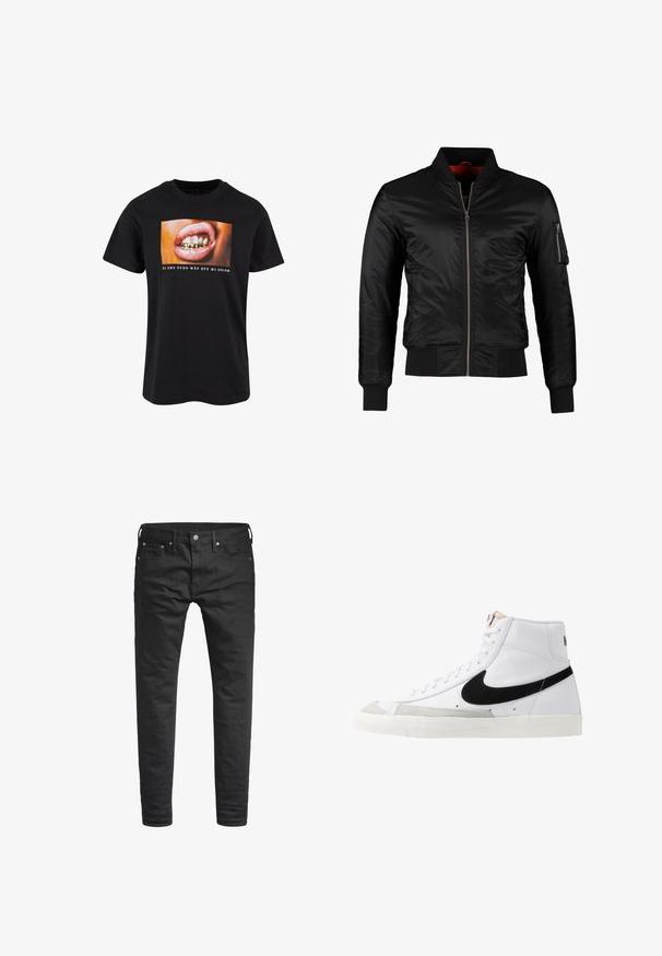 Sort bomberjakke lavet af skinnende nylon med frontlynlås, ribbede manchetter og en lynlåslomme på venstre ærme. Indersiden er lys rød.; Sort bomulds t-shirt med et grafik af en åben mund med guld tænder og pink læber samt hvid tekst nedenunder på en farverig baggrund.; Sorte slim-fit jeans med forlommer, bæltestropper og en knappelukning, præsenteret mod en hvid baggrund.; Hvide høje sneakers med et sort swoosh, struktureret grå tåhætte og flad hvid sål. Har seks snørrehuller og syede detaljer.
