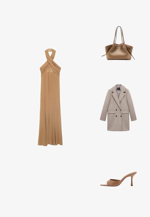 Dubbelzijdige beige wollen jas met grote revers, twee voorzakken en zwarte knopen. Soepele textuur en gestructureerde vorm.; Halterneck jurk in zacht beige stof, met geplooide details bij de halslijn en een vloeiende, lange ontwerp tot op de vloer.; Beige open-toe mule met hoge naaldhak, glanzende afwerking en een slanke stilettohak op witte achtergrond.; Bruine leren handtas met lange schouderriemen en trekkoorddetail aan beide zijden, iets open aan de bovenkant.