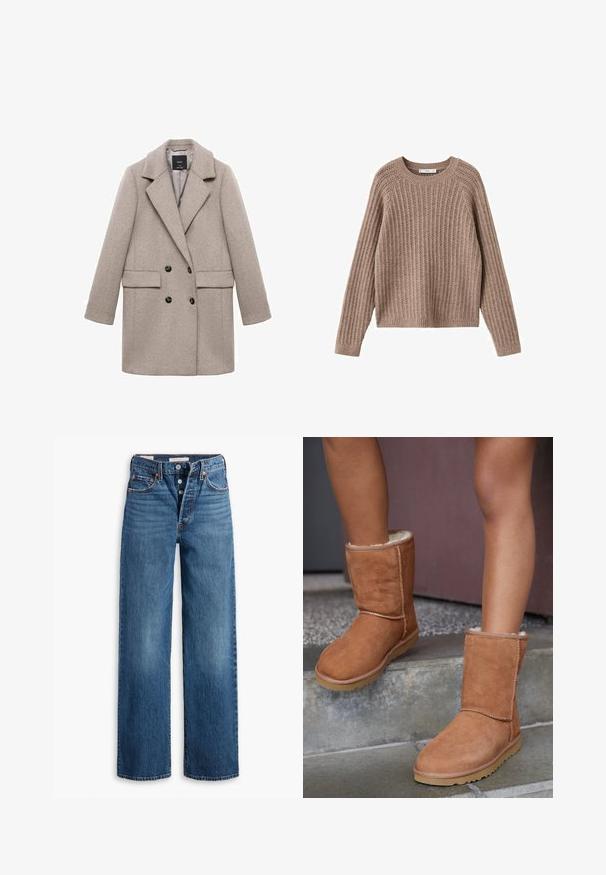 Dobbeltbrystet beige uldfrakke med store klapper, to frontlommer og sorte knapper. Glat tekstur og struktureret form.; Brun ribbet sweater med lange ærmer, rund halsudskæring og en afslappet pasform. Har struktureret stof med lodrette linjer over det hele.; Blå denim jeans med en vid benstruktur, fem lommer, knaplukning og kontraststing. Strukturstof med en falmet overflade.; Brune ruskind ankelstøvler med rund tå, blødt foer og gummisål, der har synlige stikninger langs sømmene.