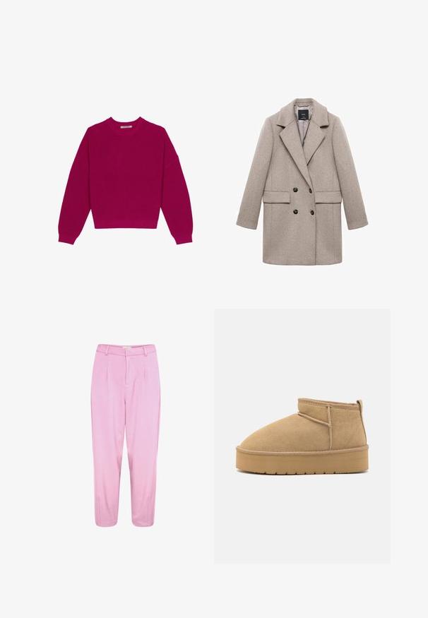 Dobbeltbrystet beige uldfrakke med store klapper, to frontlommer og sorte knapper. Glat tekstur og struktureret form.; Magenta ribbet striktrøje med rund halsudskæring, dropped skuldre og lange ærmer. Kanten er cropped, hvilket fremhæver det strukturerede stof.; Lyserøde, skræddersyede bukser med høj talje, bæltestropper, forreste læg og ankellængde.; Beige suede ankelstøvler med rund tå, minimale syninger og en lysebrun gummisål med et tekstureret mønster.