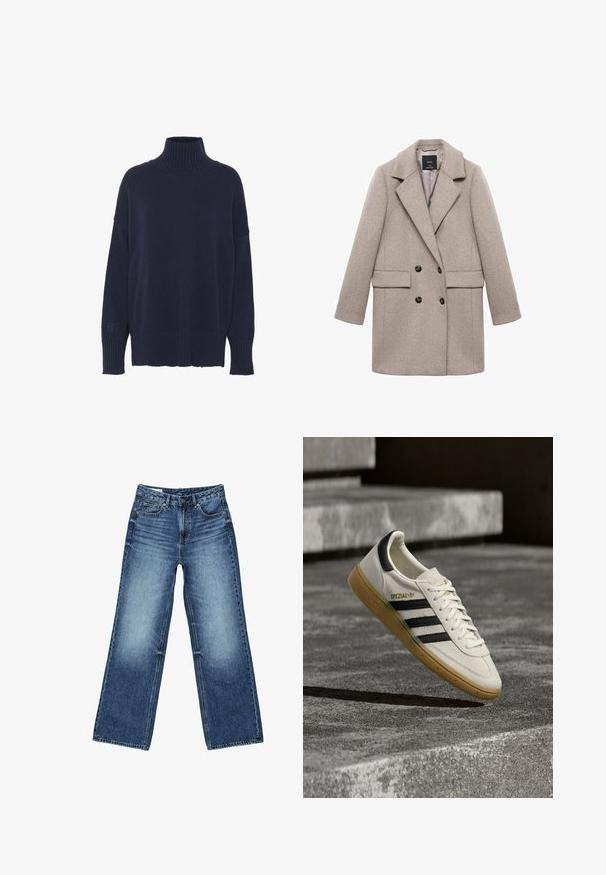 Dobbeltbrystet beige uldfrakke med store klapper, to frontlommer og sorte knapper. Glat tekstur og struktureret form.; Marineblå turtleneck sweater lavet af strikstof, med en afslappet pasform, ribbede manchetter og et diskret broderet logo på ærmet.; Blå vidtsiddende jeans i denim med forlommer og møntlomme foran, knaplukning og falmet vask på lår og knæ.; Hvid Adidas Spezial sneaker med sorte striber og gummisål, svævende over grå stentrin udendørs.