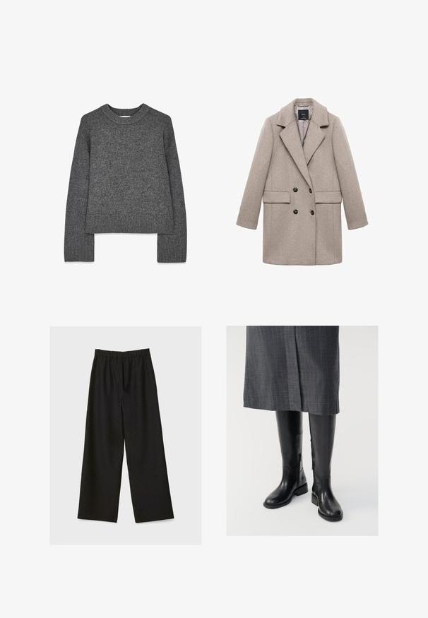 Dobbeltbrystet beige uldfrakke med store klapper, to frontlommer og sorte knapper. Glat tekstur og struktureret form.; Grå strikket sweater med lange ærmer, rund hals, ribbede manchetter og kant. Blød tekstur med et let cropped design.; Sorte brede benbukser med elastisk talje, vist fladt på en lys baggrund.; Knæhøje sorte læderstøvler med en glat tekstur, lynlåse i siden og en flad sål. Støvlerne har et struktureret skaft og minimalt hardware.
