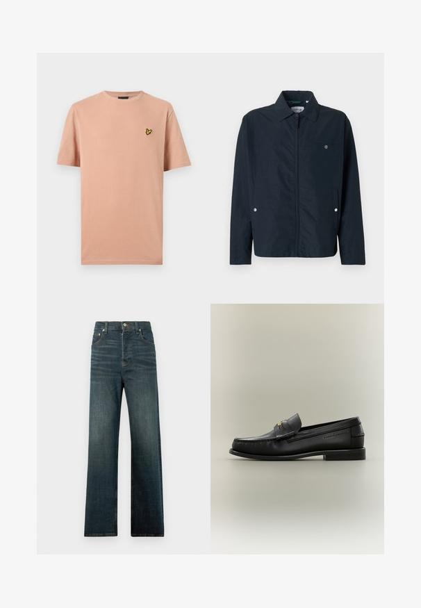 Veste légère bleu marine avec col pointu, fermeture éclair intégrale à l'avant et une poche poitrine. Présente des boutons-pression sur les poches.; T-shirt à manches courtes et col rond en pêche clair texturé avec un petit logo d'oiseau jaune et noir sur le côté gauche de la poitrine.; Jeans en denim dans un lavage bleu foncé, avec des jambes droites, un design classique à cinq poches et un léger décoloration près des hanches.; Mocassin noir en cuir à enfiler avec petit talon, boucle dorée et nom de marque embossé sur le côté sur fond neutre.