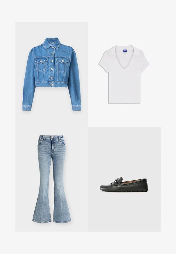 Veste courte en denim bleu avec fermeture à boutons sur le devant, deux poches poitrine à rabat, manches longues, et logo "Hugo" brodé sur le côté gauche supérieur.; Chemise blanche à manches courtes avec col en V et large col, en tissu texturé, avec une étiquette bleue « HUGO » à l'intérieur de l'encolure.; Jean en denim bleu clair taille haute avec un lavage délavé, poches avant, fermeture par bouton et zip, et jambes évasées style pattes d'éléphant.; Bateau en cuir noir avec un bout arrondi, des détails de couture, un petit accent en nœud et une semelle en caoutchouc. Texture lisse et design épuré.