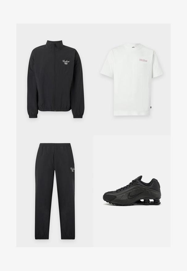 Čierna bunda na zips s elastickými manžetami a lemom, s bielym logom "Carhartt Wip" na ľavej strane hrudníka.; Biele bavlnené tričko s krátkymi rukávmi, okrúhlym výstrihom a ružovým logom "Dickies" na ľavej strane hrudníka. Hladká textúra.; Čierne zoštíhlené športové nohavice s elastickým pásom a manžetami, bočnými vreckami a bielym nápisom na pravej stehne.; Čierne bežecké topánky s hladkým syntetickým zvrškom, perforovanými akcentmi, textúrovanými bočnými panelmi a výraznou pružnou podrážkou.