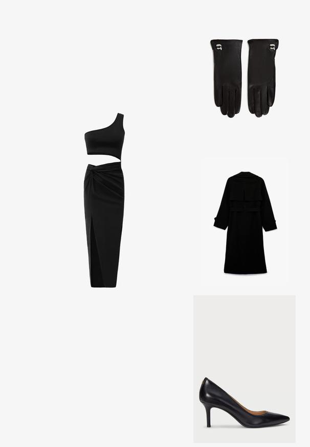 Sort lang frakke med en stor krave, dobbeltlags ryg, bælte i taljen og brede ærmer. Lavet af tekstureret stof, med et minimalistisk design.; Sort todelt tøj sæt bestående af en en-skulder crop top og en højtaljet nederdel med tvistet detalje og sideslids. Glat stof.; Lauren Ralph Lauren LANETTE PUMPS CLOSED TOE - Pumps - black; Et par sorte læderhandsker med små hvide og sorte stiliserede ansigtspins nær håndleddene, lagt fladt ud på hvid baggrund.