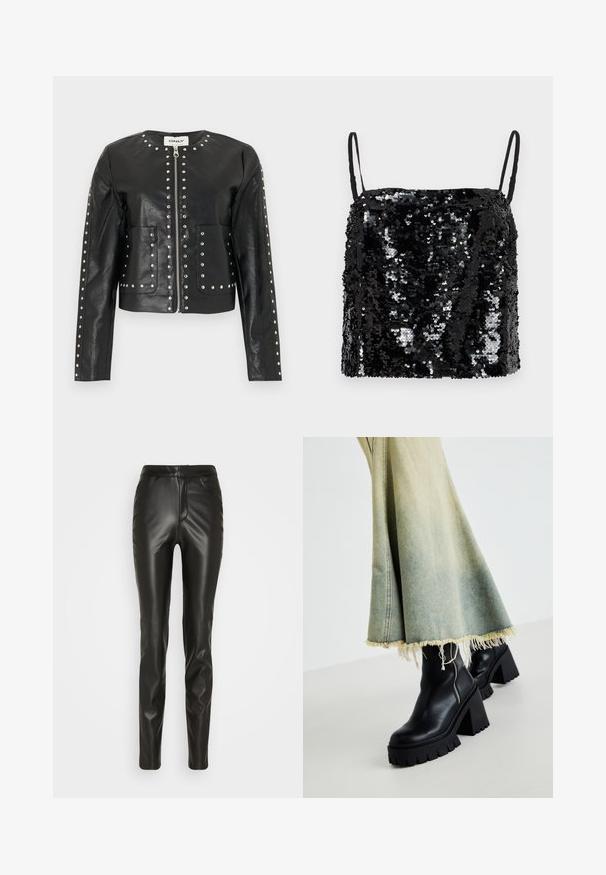 Čierna bunda z umelej kože s striebornými cvokmi lemujúcimi zips, golier, vrecká a rukávy, so zaobleným výstrihom a dlhými rukávmi.; Čierny top so flitrami s tenkými nastaviteľnými ramienkami, so štvorcovým výstrihom a textúrovaným povrchom vytvoreným prekrývajúcimi sa flitrami.; Noisy May Tall NMANDY MONI PU HW ANKLE PANTS TALL - Nohavice - black; Čierne kožené členkové topánky s robustnou textúrovanou podošvou, spárované so zodratou džínsovou sukňou s fraktúrovanými okrajmi. Detail so zipsom na boku.