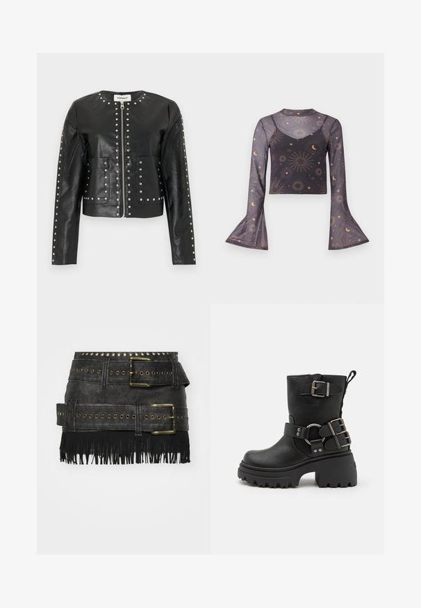 Schwarze Kunstlederjacke mit silbernen Nieten, die Reißverschluss, Kragen, Taschen und Ärmel umranden, mit rundem Ausschnitt und langen Ärmeln.; Transparenter schwarzer Langarm-Crop-Top mit ausgestellten Manschetten, Muster von himmlischer Sonne, Mond und Sternen, mit einer inneren Camisole-Schicht.; Schwarzer Kunstlederrock mit großen Metallschnallen, Ösenverzierungen und Fransen am Saum. Strukturierter Schnitt mit mehreren Gürteln.; Schwarze Leder-Stiefel bis zum Knöchel mit einer klobigen Sohle, Schnallen- und Riemenakzenten sowie einer strukturierten Oberfläche. Verfügt über eine Zuglasche für einfaches An- und Ausziehen.
